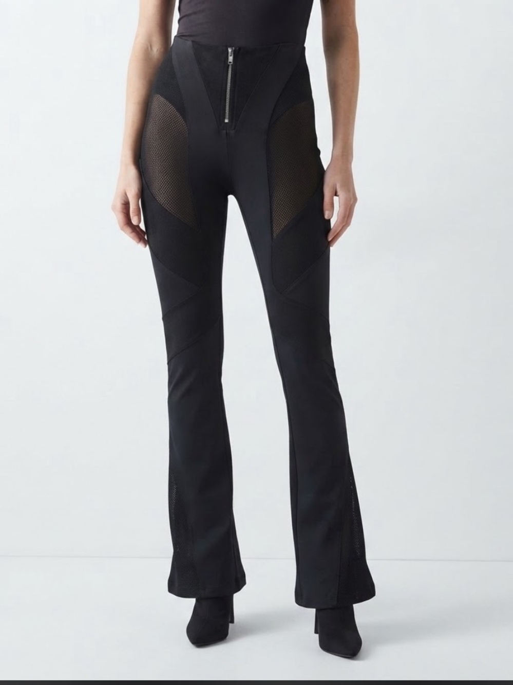 Namilia Black Mesh Panel Front Zip High Waist Flare Pants Women Size S